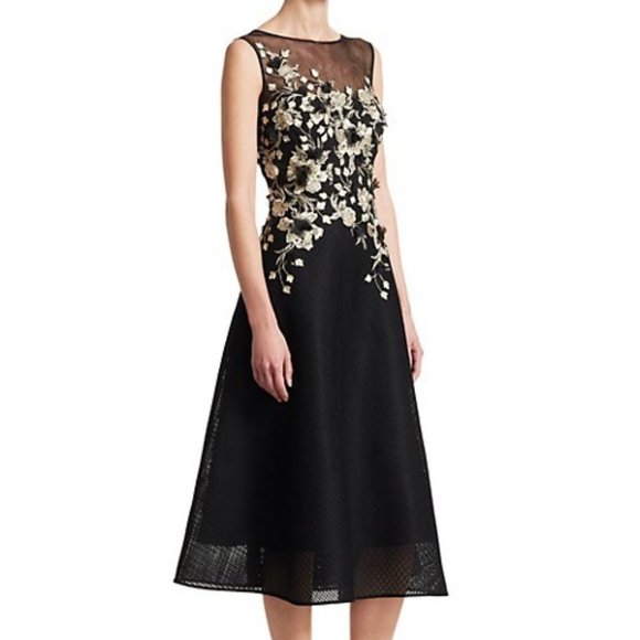 Rickie Freeman for Teri Jon Dresses & Skirts - Rickie Freeman for Teri Jon Black Mesh Midi Dress with Gold Floral Appliqué